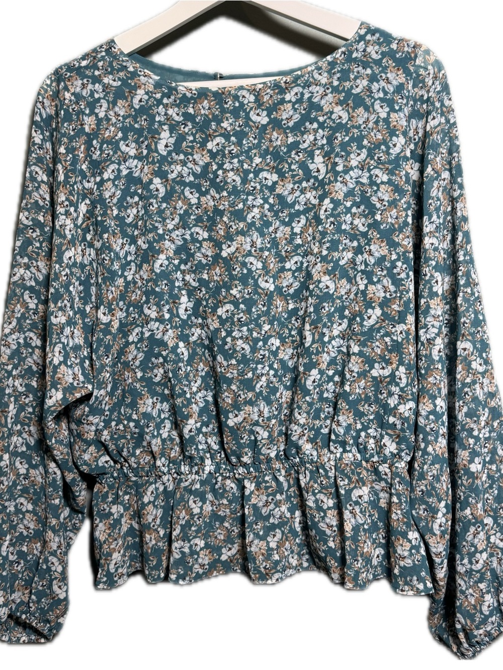 1. State Teal Floral Ruffle-Hem Long Sleeve Blouse